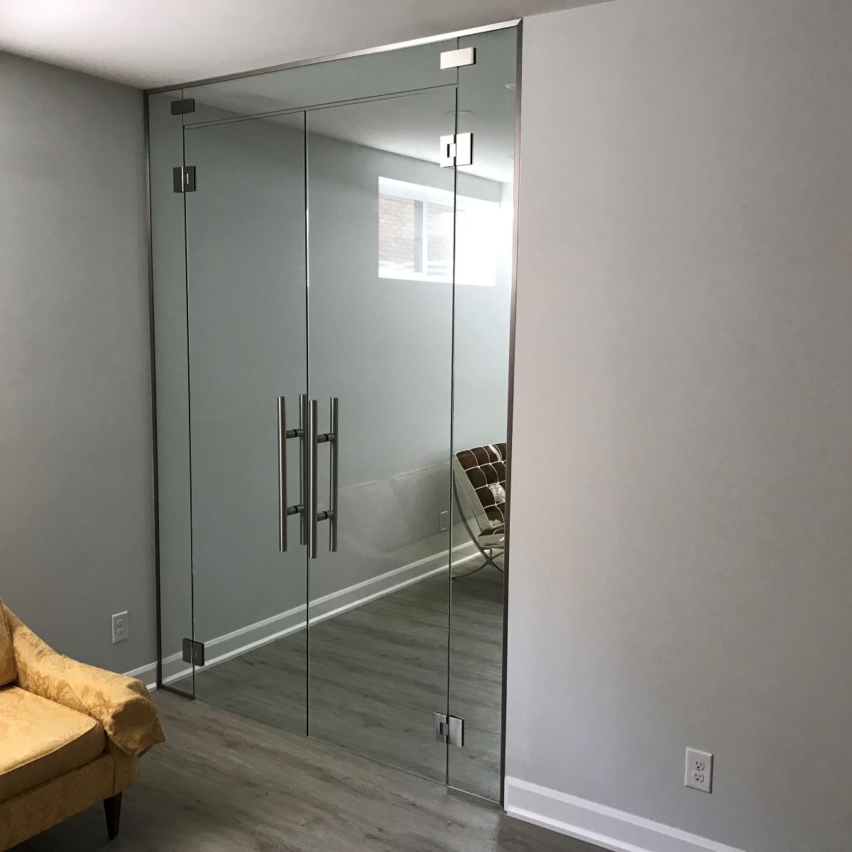 five piece glass office with two glass hinged doors and brushed nickle hardware and 24" ladder pull handles 