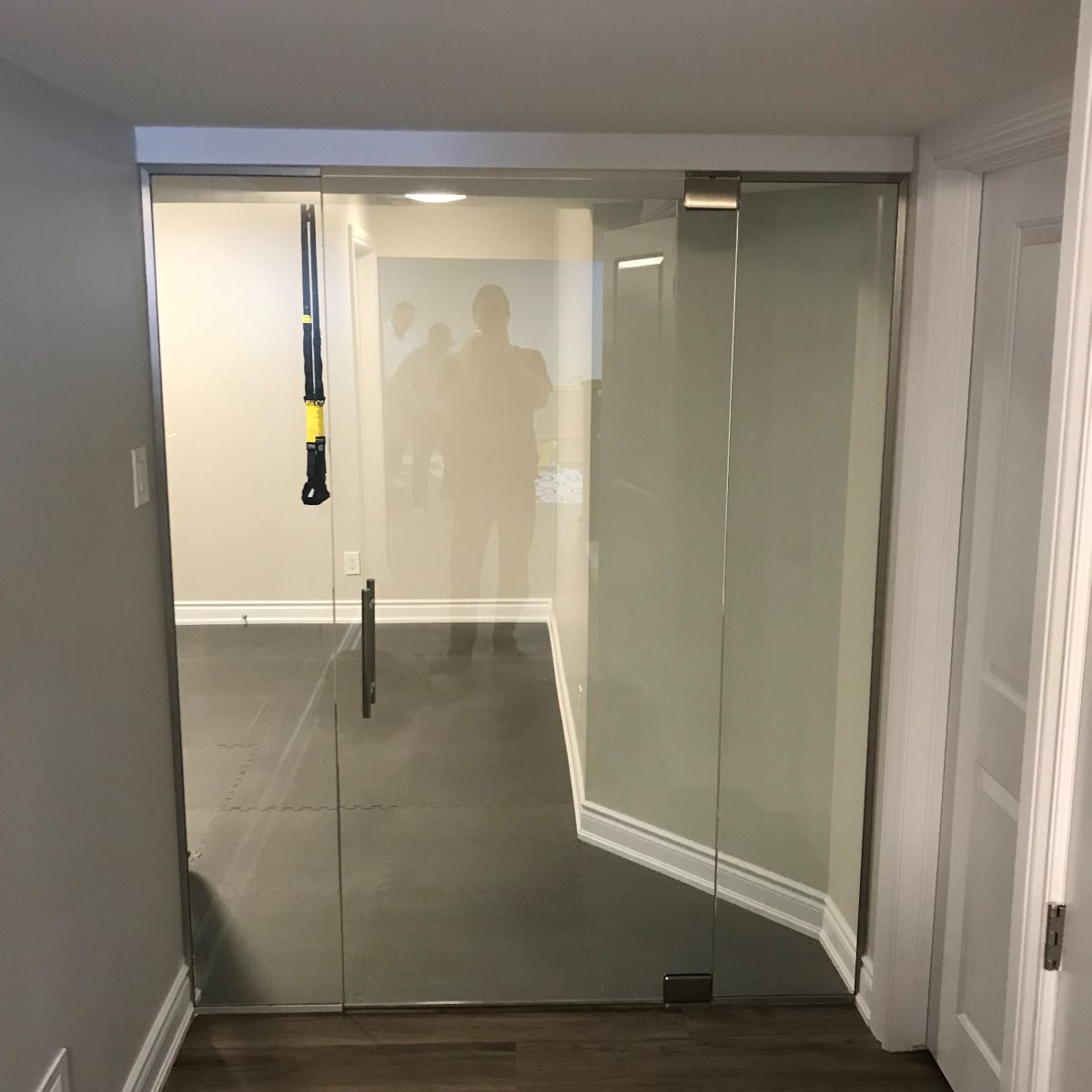 glass office with one pivot door and brushed nickle hardware with a ladder pull handle