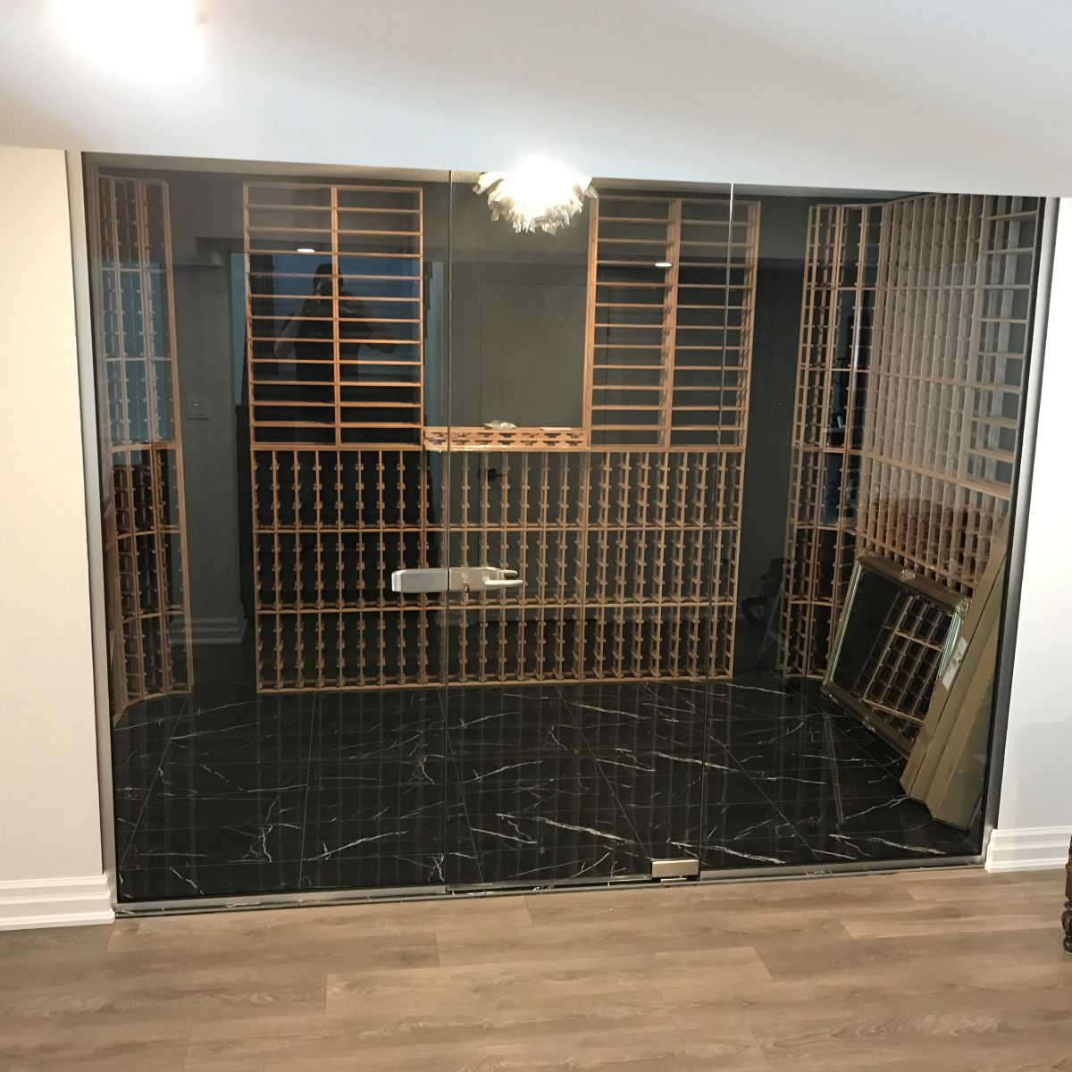 glass walking wine cellar with a pivot door