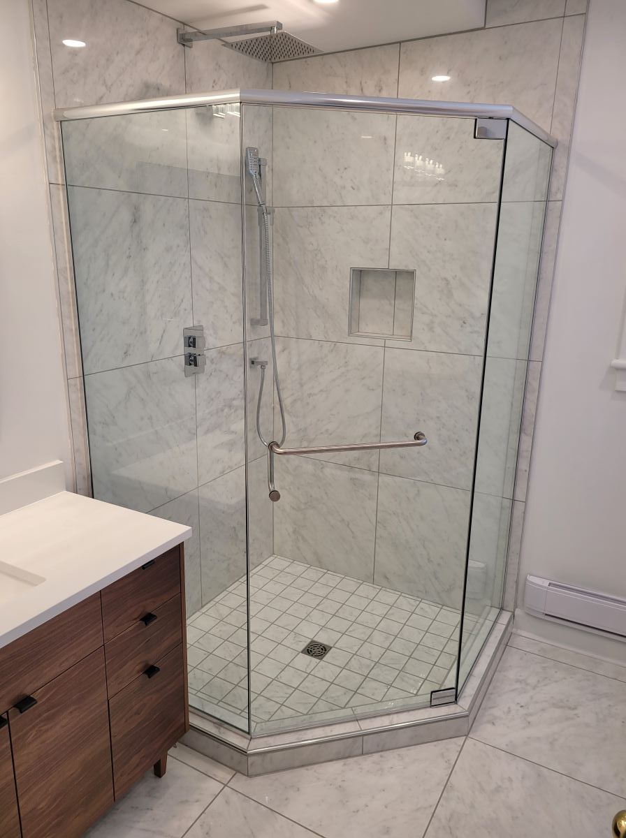 custom glass neo angle shower with chrome towel bar handle combo 